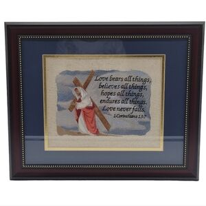 Handmade & Framed Embroidered Jesus Carrying Cross‎ w/ Verse 1 Corinthians 13:7